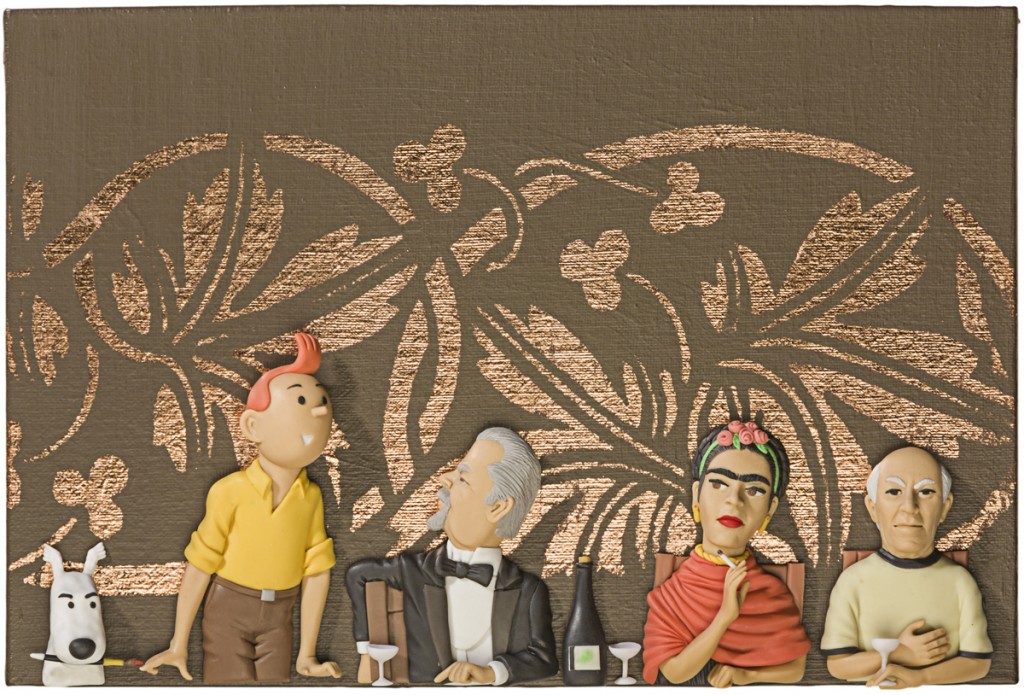 Obra de Gabriel Ortega en porcelanicrón. Tintin con Fernando Botero, Frida Kahlo y Pablo Picasso.