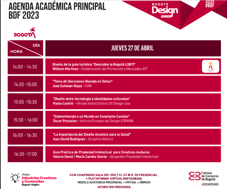Agenda Principal del jueves 26 de abril 2023. Se llevará a cabo en la Cámara de Comercio de Bogotá, sede Chapinero. Imagen: cortesía BDF.