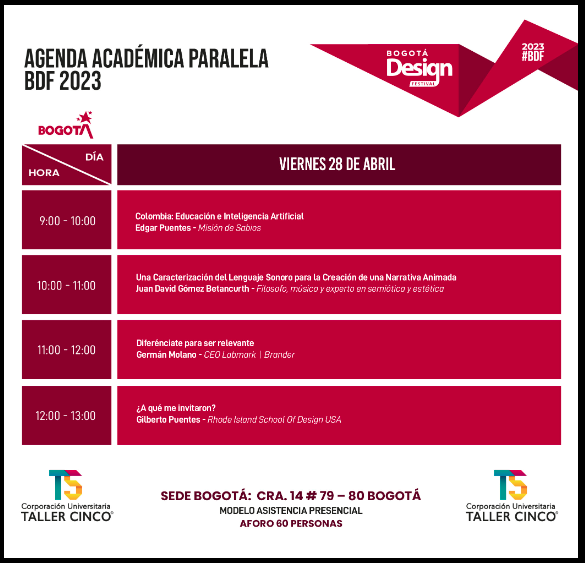 La Agenda Académica Paralela se realizará el viernes 28 de abril en diferentes puntos de la ciudad. Uno de ellos es Taller Cinco sede Chapinero. Imagen: cortesía: BDF.