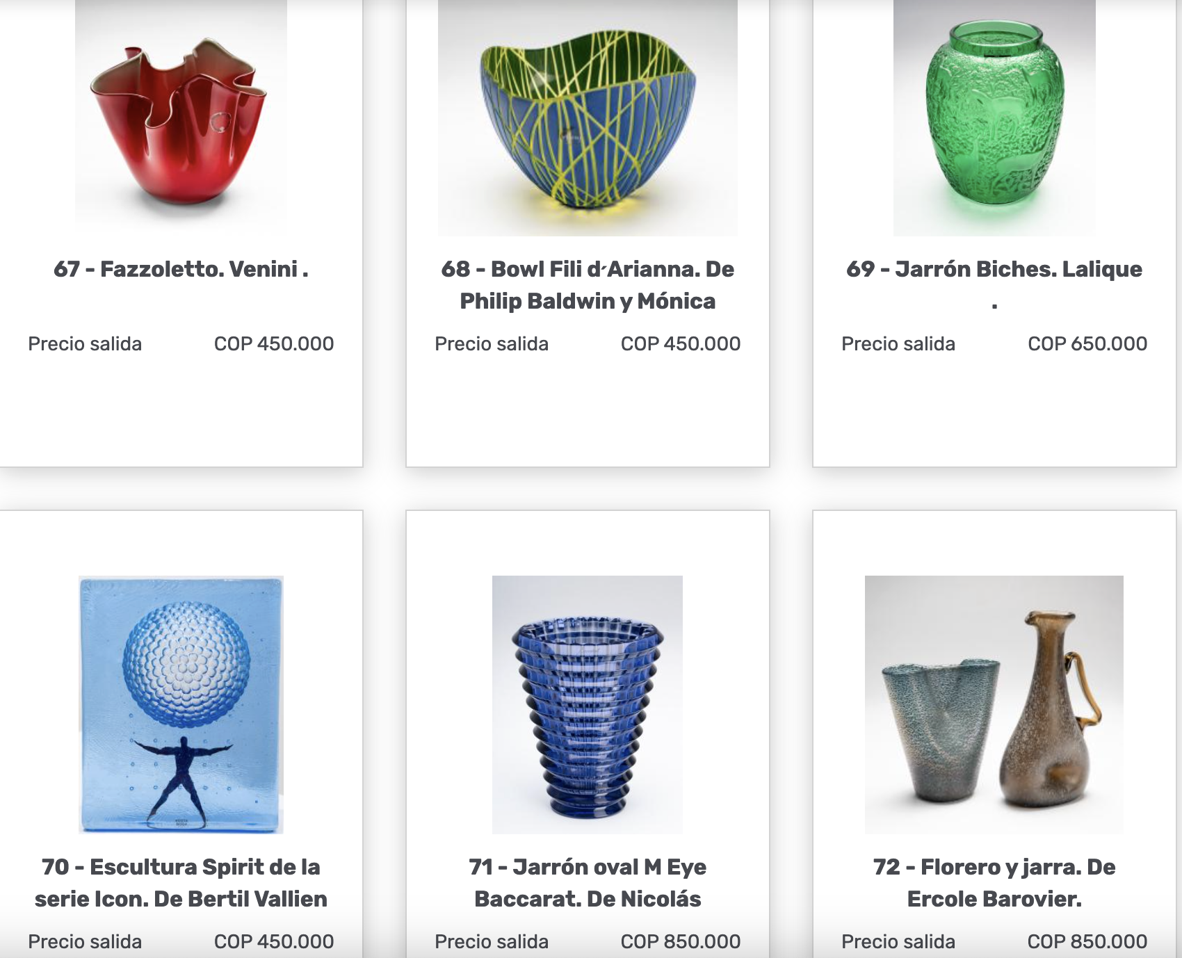 En la página de Bogotá Auctions se puede observar el precio de salida de cada una de las piezas que conforman la subasta. 